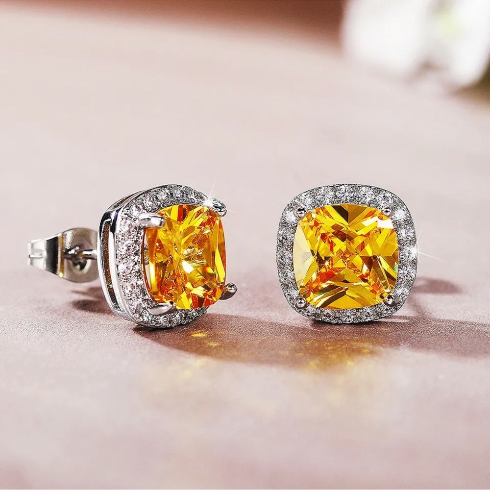 Citrine Yellow Silver Stud Earrings